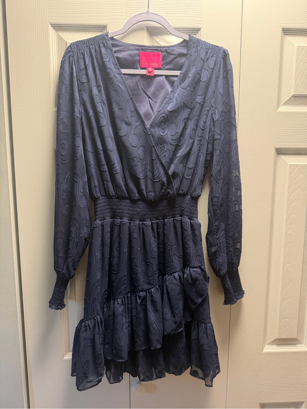 Cristiana Long Sleeve Dress - True Navy Poly Crepe Swirl Clip- Lilly Pulitzer